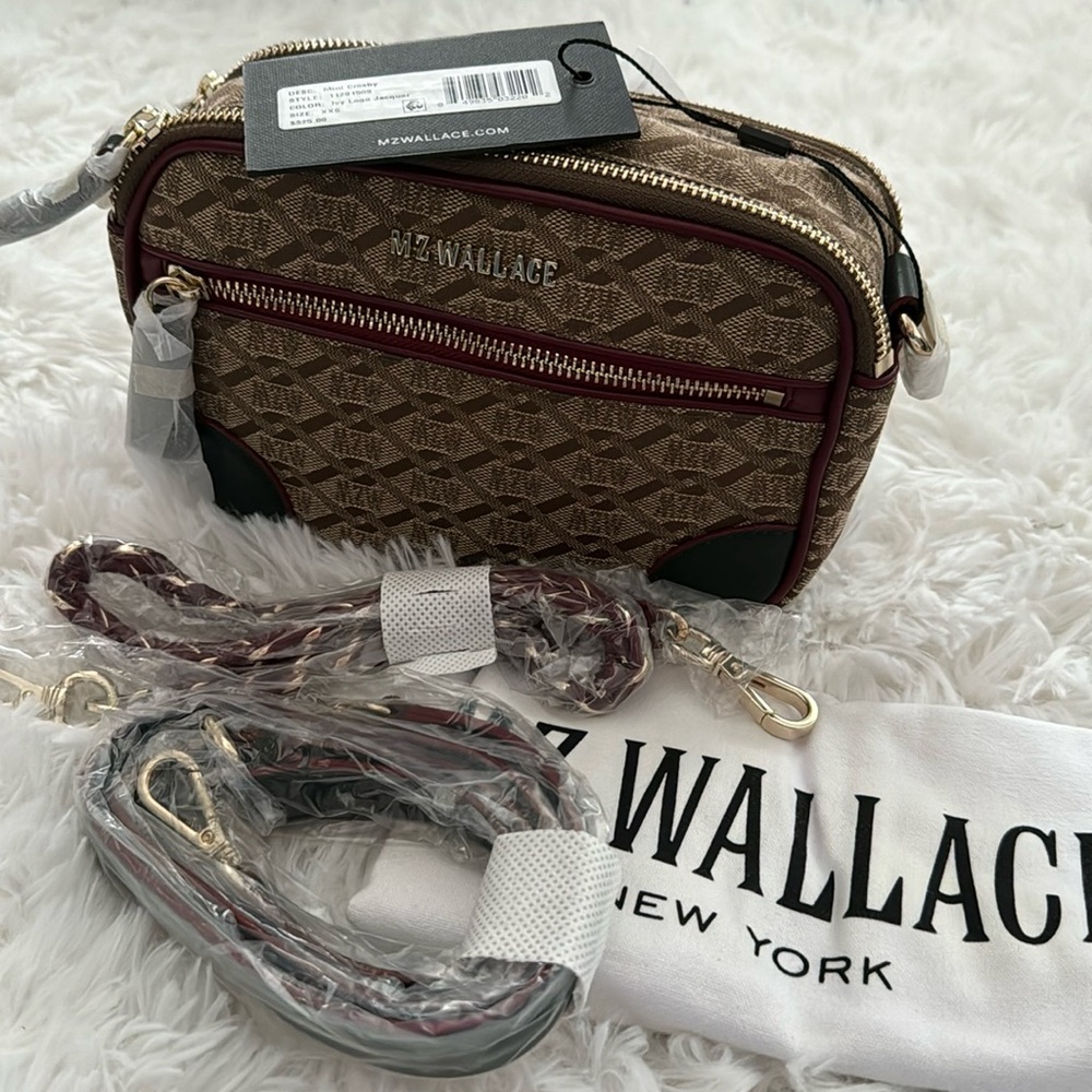 MZ Wallace Brown Logo Crossbody Bag with Burgundy Trim